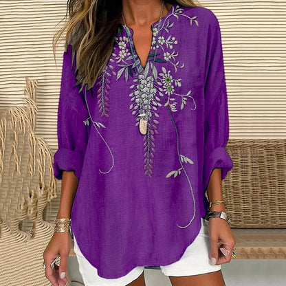 Comstylish Women's Japanese Art Flower Print V-neck Shirt