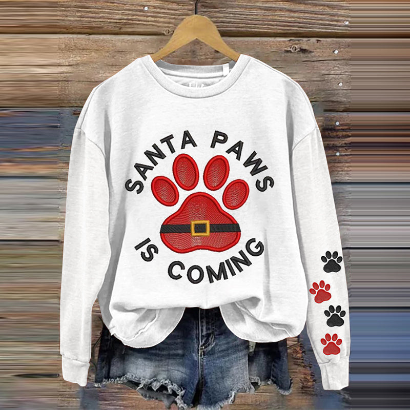 Comstylish Women's Santa Paw Is Coming Christmas Embroidery Art Sweatshirt
