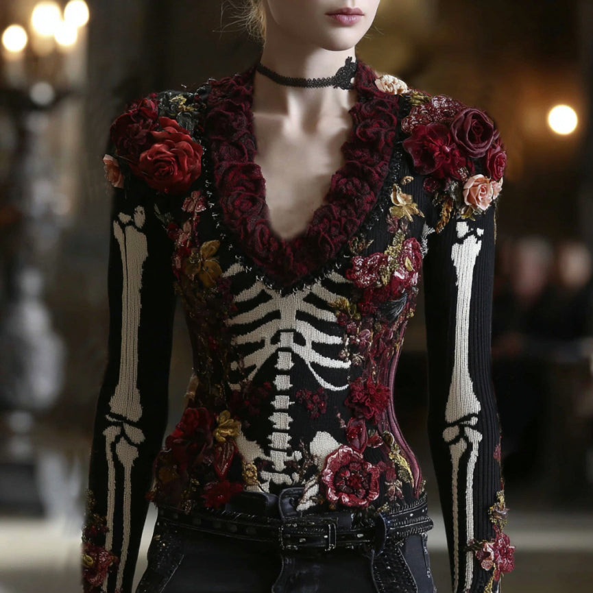 Women's Vintage Skeleton Bones Roses Art V Neck Knit Warm Sweater artswardrobe