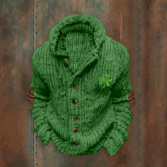 Vintage Ireland Shamrock  Embroidery Art Cable Knit Buttons Hooded Sweater elevenforest