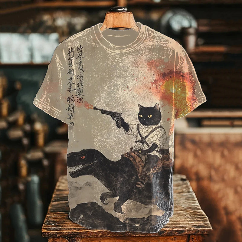 Men's Retro Calligraphy Cat Dinosaur Volcanic Eruption Print T-shirt elevenforest
