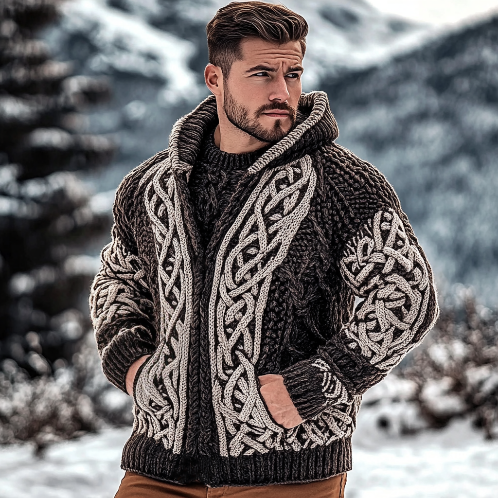 Men's Viking Cable Jacquard Chunky Knit Cozy Cardigan Sweater artswardrobe