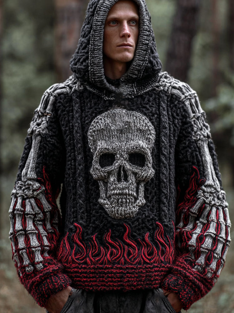 Men's Halloween Vintage Skull And Flame Three-dimensional Embroidery Hooded Sweater artswardrobe