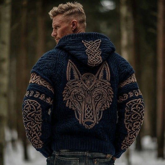 Men's Vintage  Viking Wolf Celtic Knot Art Chunky Knit Hooded Zip-up Sweater artswardrobe