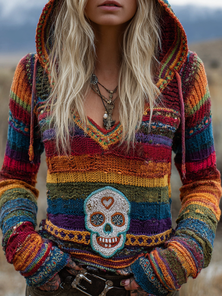 Halloween Skull Pattern Color-blended Women's Hooded Knit Sweater artswardrobe