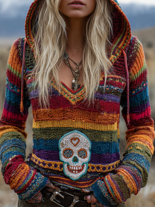 Halloween Skull Pattern Color-blended Women's Hooded Knit Sweater artswardrobe