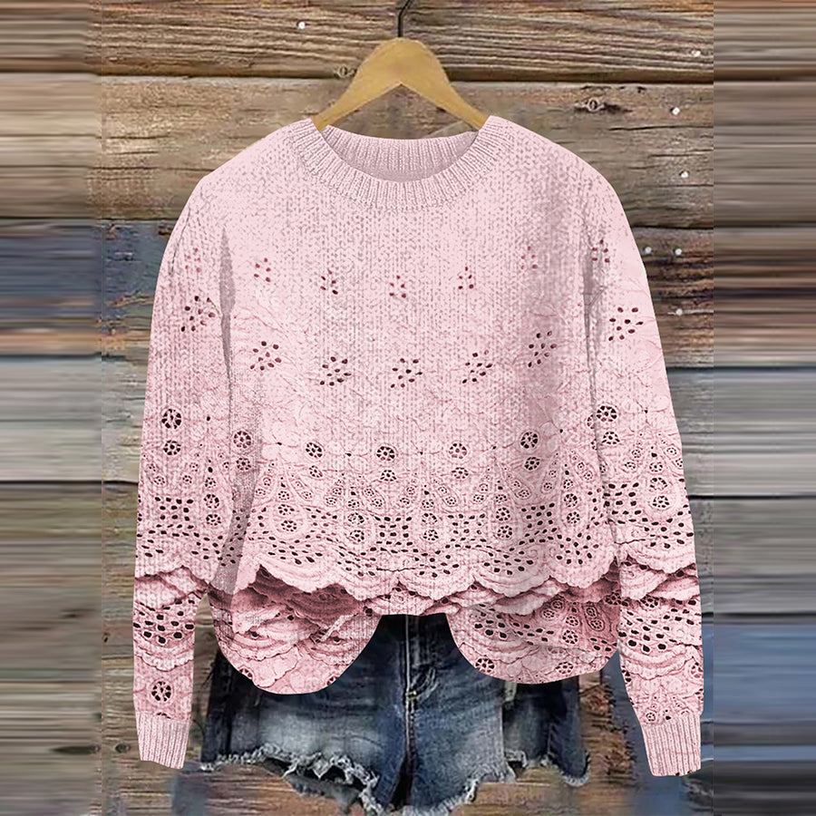 Vintage Floral Embroidery Art Cozy Knit Crew Neck Sweater artswardrobe