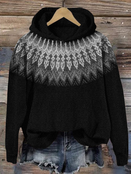 Vintage Tribal Icelandic Pattern Cozy Hooded Sweater elevenforest