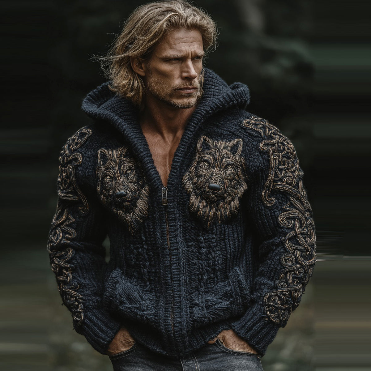 Men's Vintage Viking Wolf Embroidery Knitted Cozy Zipper Up Hooded Cardigan artswardrobe