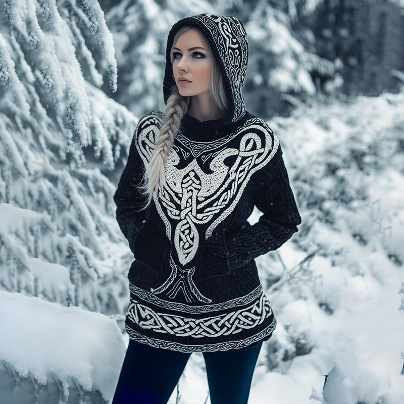 Women's Viking Tribal Celtic Chunky Knit Hooded Sweater elevenforest