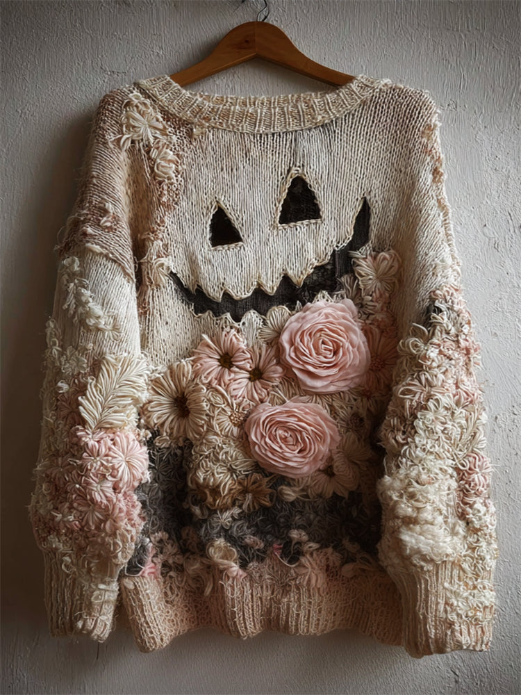 Halloween Spooky Face & Roses Floral Cozy Knit Sweater artswardrobe