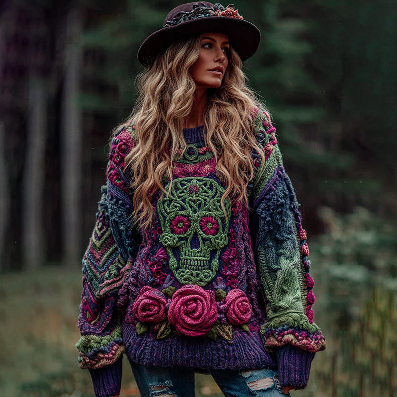 Women's Viking Tribal Jacquard Celtic With Rose And Skull Inspired Chunky Knit Round Neck Sweater elevenforest