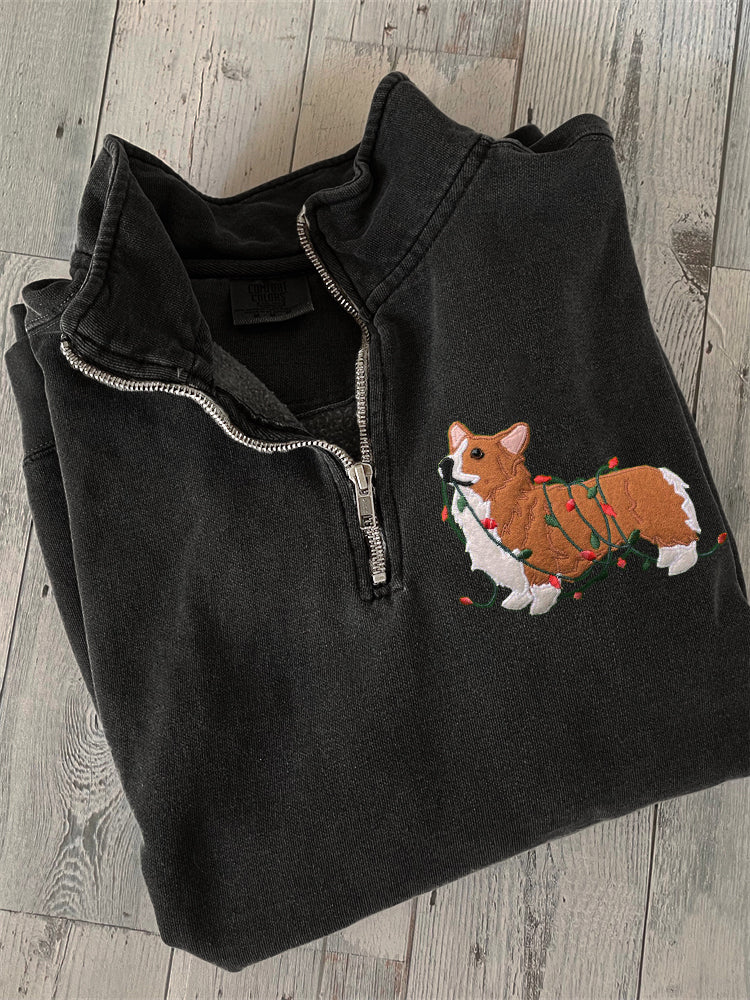 Comstylish Funny Christmas Corgi Dog Embroidered Zip Up Sweatshirt