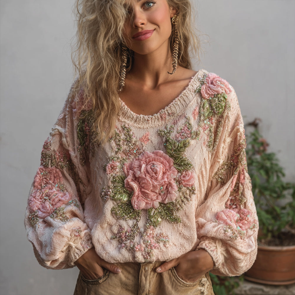 Women's Vintage Jacquard Pink Warm Round-neck Sweater elevenforest