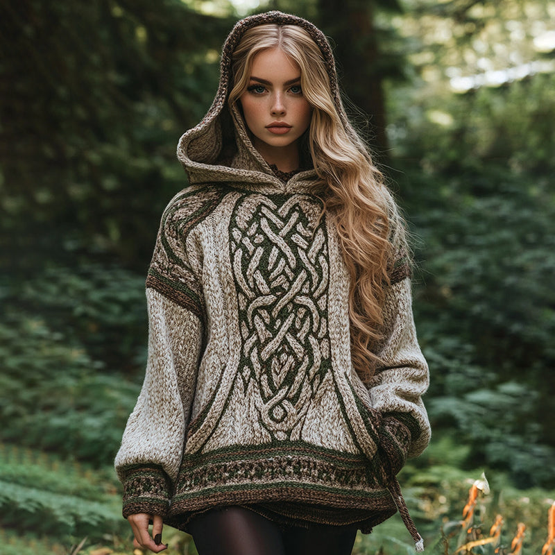 Women's Irish Celtic Knotted Jacquard Pocket Hooded Sweater artswardrobe