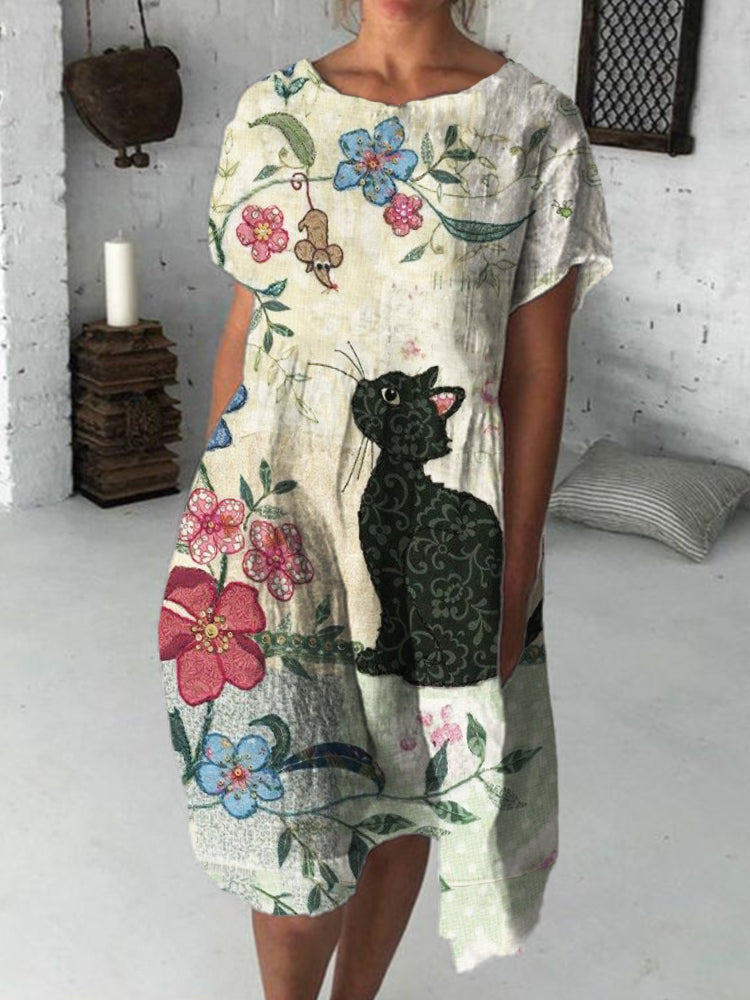 Cat in Nature Fiber Art Pleated Midi Dress elevenforest