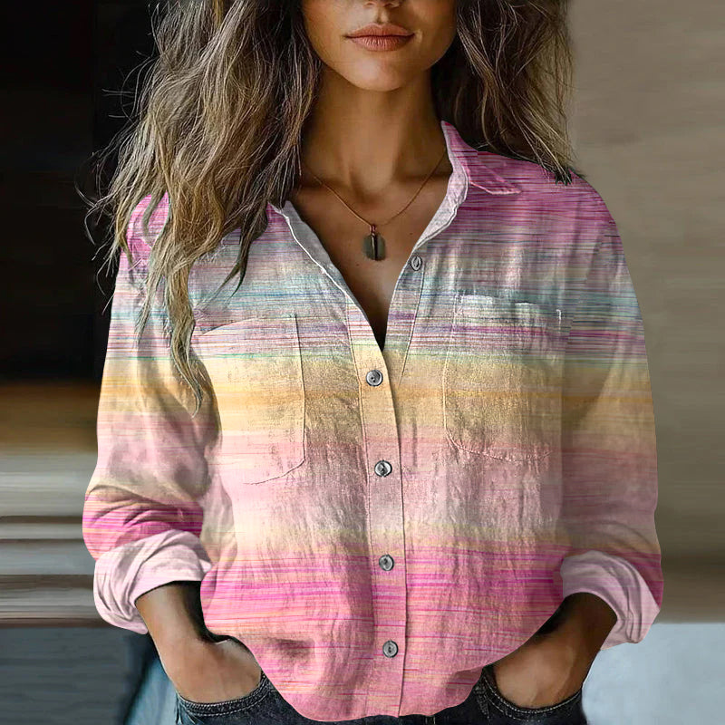 Comstylish Women's Retro Gradient In Ribbon Art Casual Linen Shirt