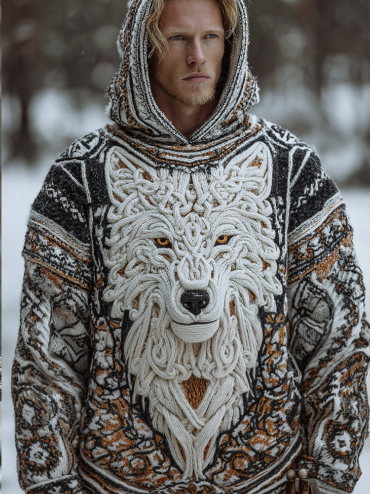 Men's Hooded Thick Sweater With Viking Style Tribal Totem And Wolf Totem Patterns elevenforest