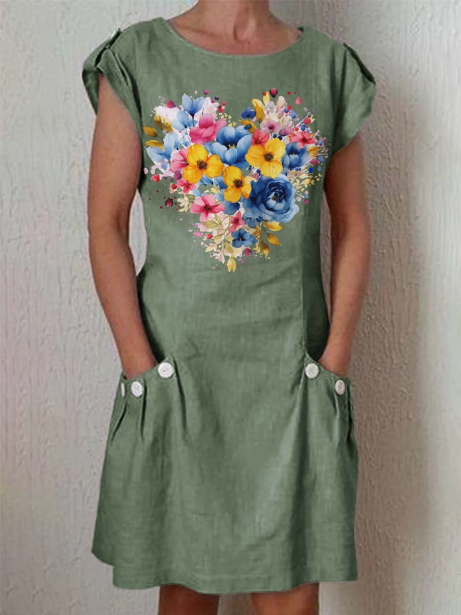 Women's Classic Floral Pattern Cotton and Linen Dress