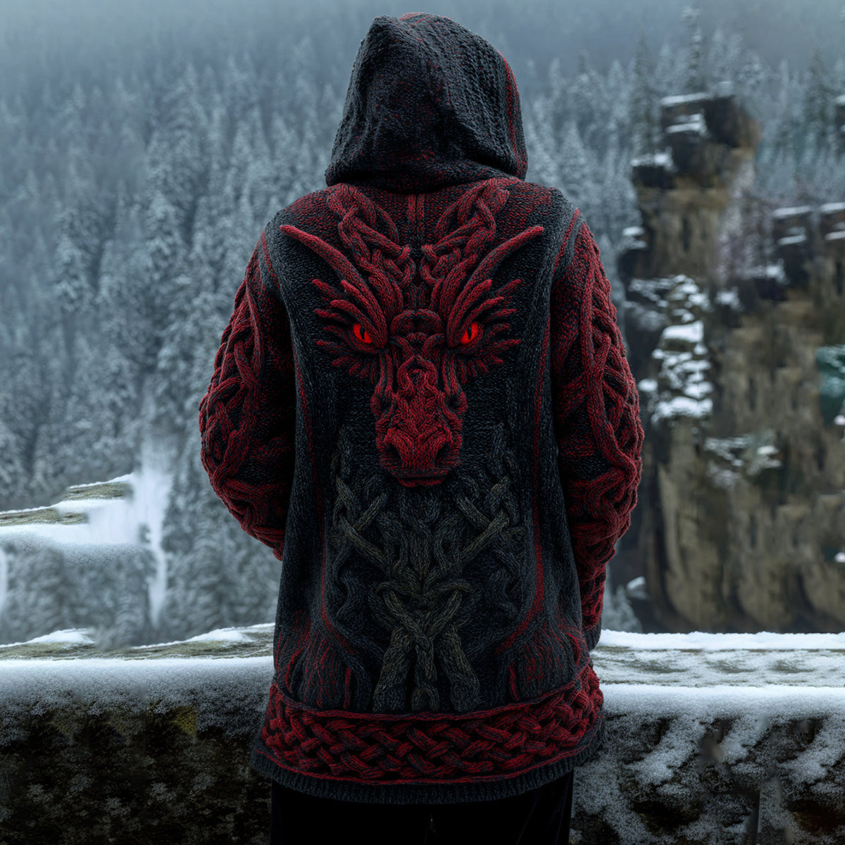 Men's Viking Red Dragon Style Celtic Thick Zip-up Cardigan Sweater artswardrobe