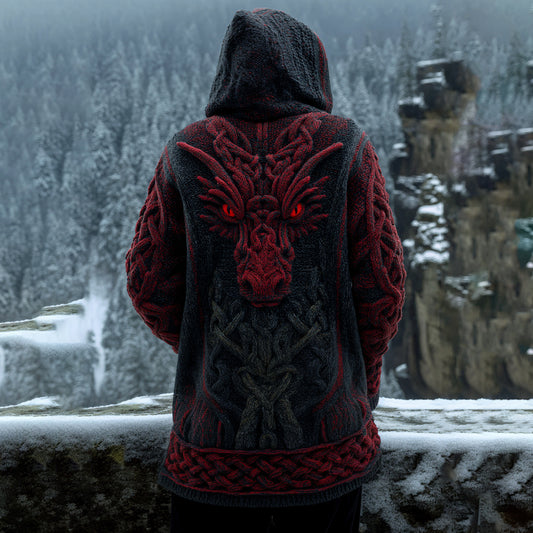 Men's Viking Red Dragon Style Celtic Thick Zip-up Cardigan Sweater artswardrobe