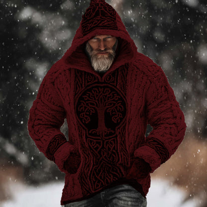 Men's Viking Style Tree Of Life White Thick Needle Hooded Sweater artswardrobe