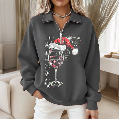 Comstylish Women's Christmas Wine Glass Print Zipper Sweatshirt