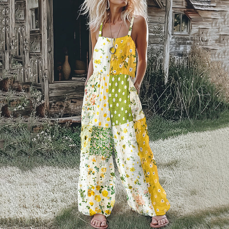 Women's Farm Floral Patchwork Contrasting Colors Linen Print Jumpsuit artswardrobe
