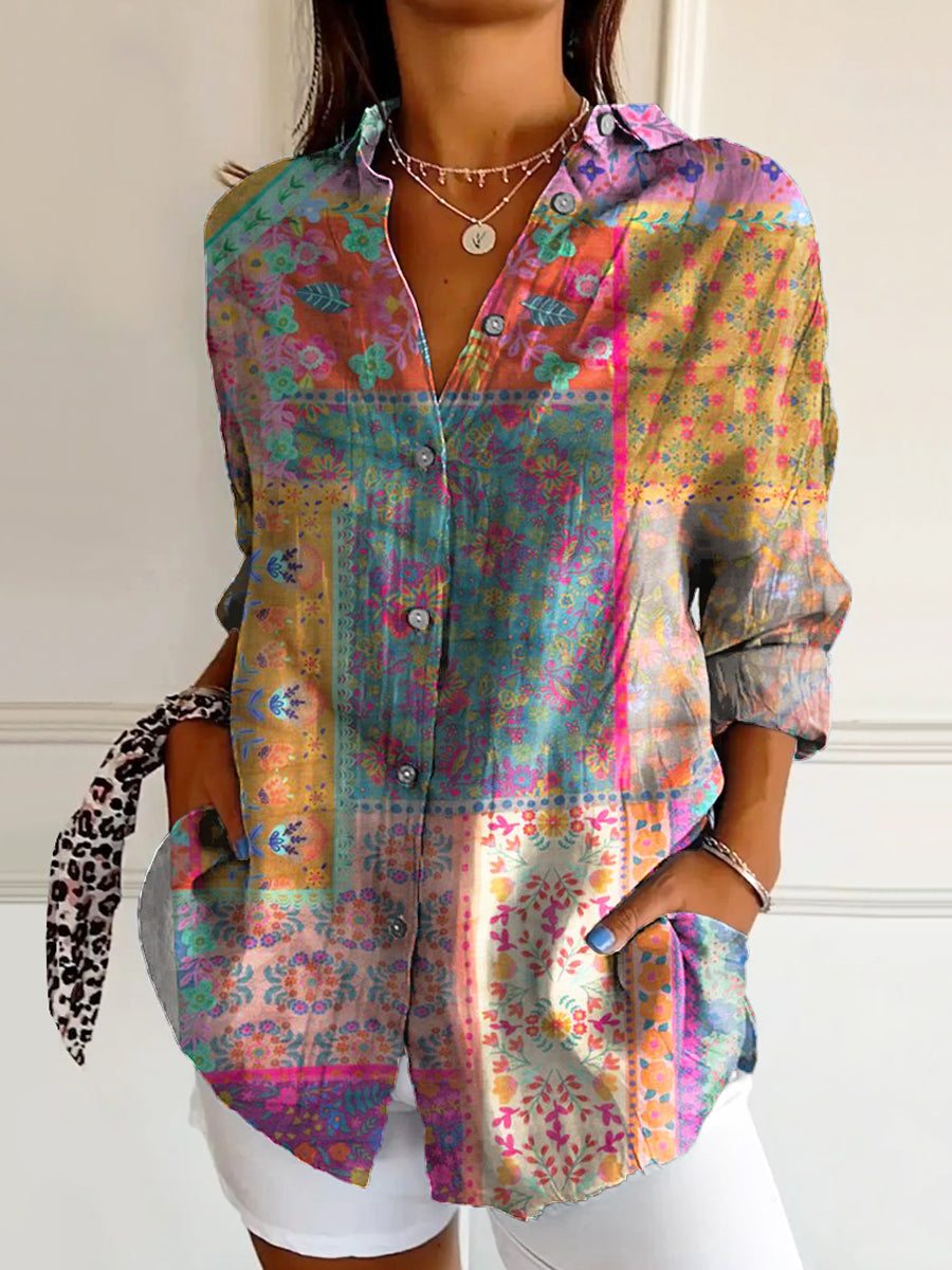 Women's Vintage Floral Patchwork Art Print Casual Cotton Shirt