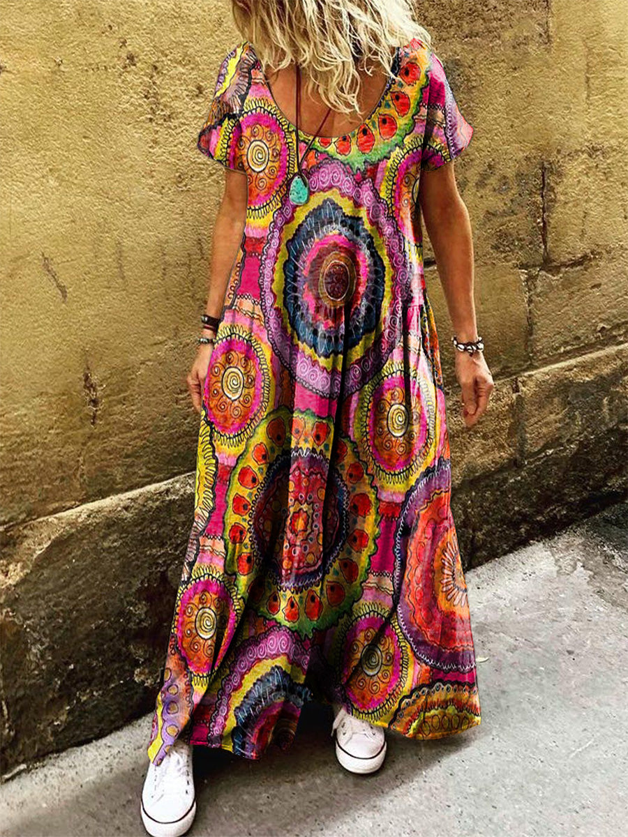 Women's Retro Colorful Ethnic Art Print Pocket Short Sleeve Cotton Dre