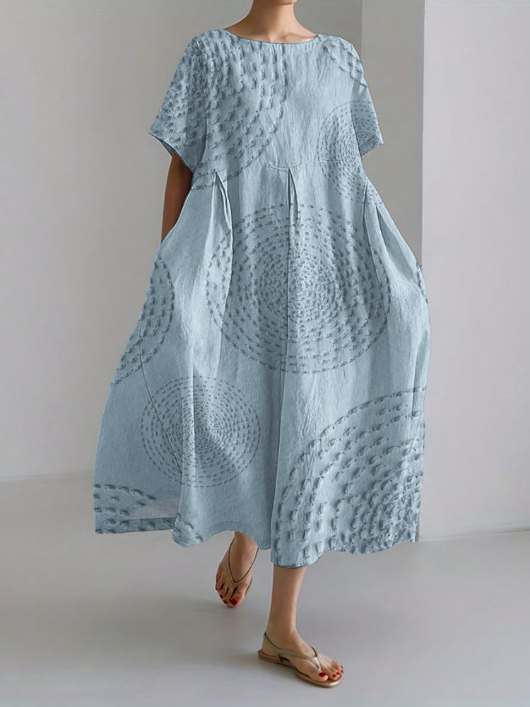 Comstylish Sea Waves Ripples Japanese Embroidered Linen Blend Maxi Dress