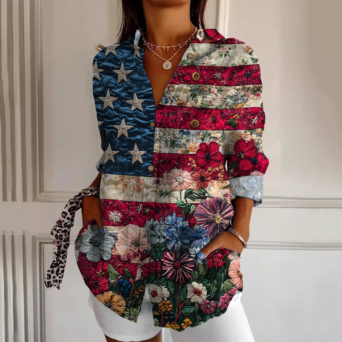 Comstylish Women's Vintage Independence Day Flag Floral Shirt