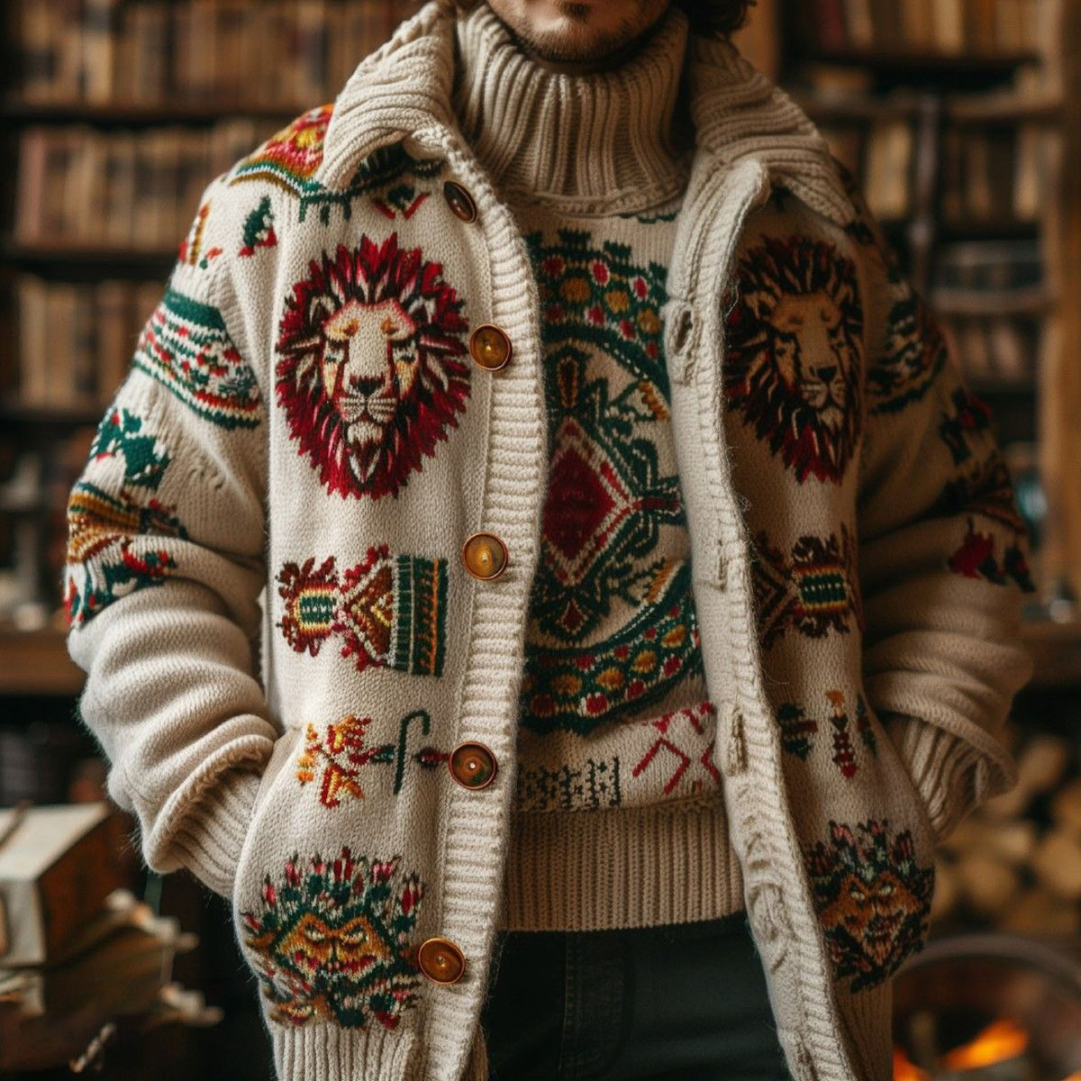 Men's Vintage Lion Ethnic Pattern Jacquard Cozy Knit Cardigan elevenforest