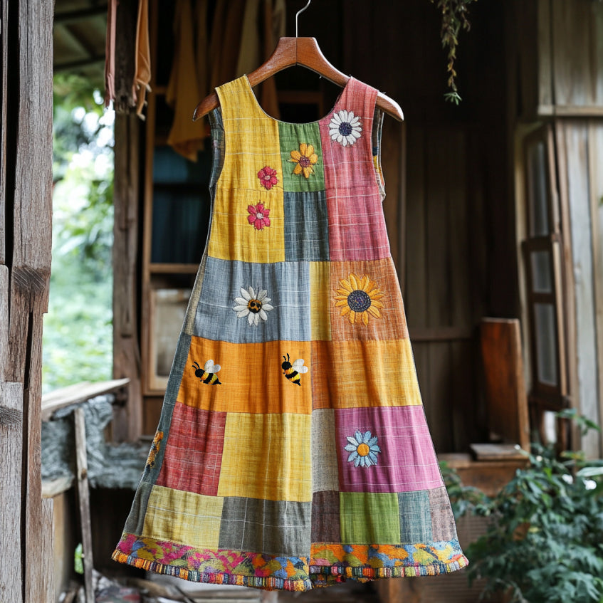 Vintage Floral With Bees In Plaid Embroidered Cozy Linen Midi Dress artswardrobe