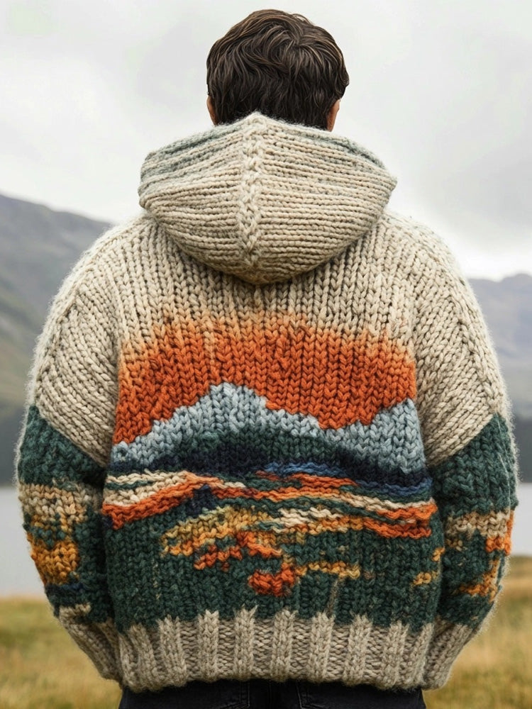 Men's Scotland Landscape Knit Cozy Chunky Hooded Sweater artswardrobe