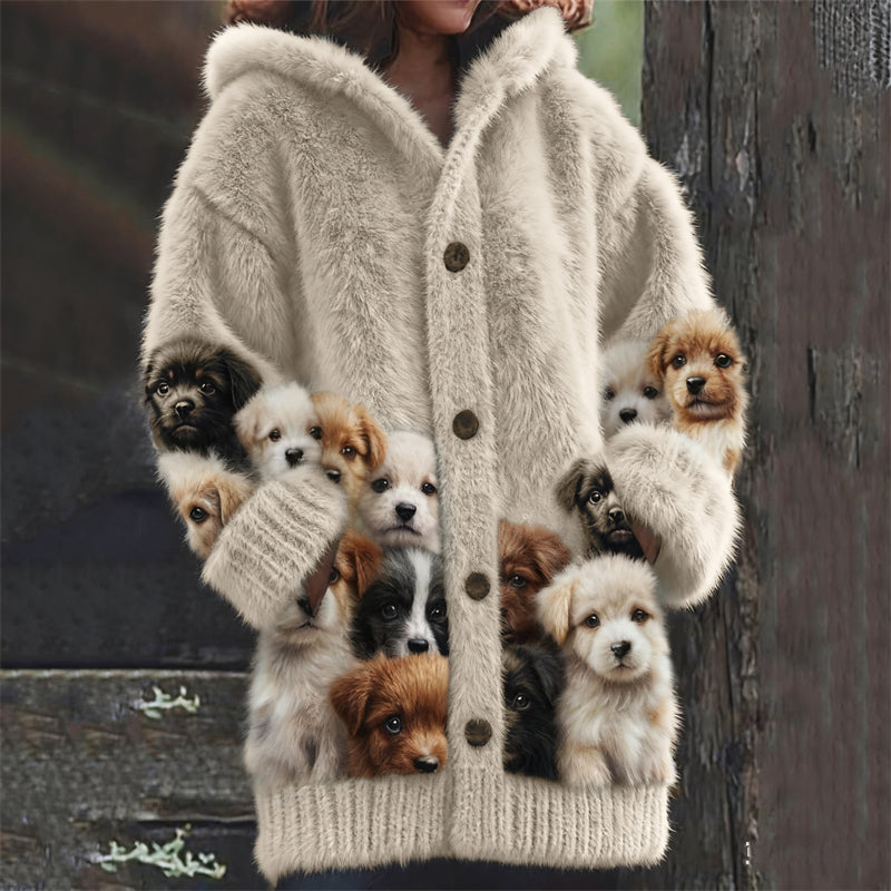 Comstylish Golden Retriever & Labrador Puppies Cozy Knit Hooded Cardigan