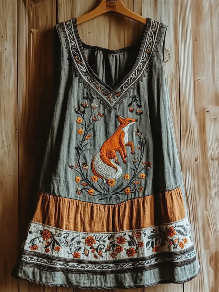 Vintage Fox Floral Embroidered Patchwork Linen Tank Top artswardrobe