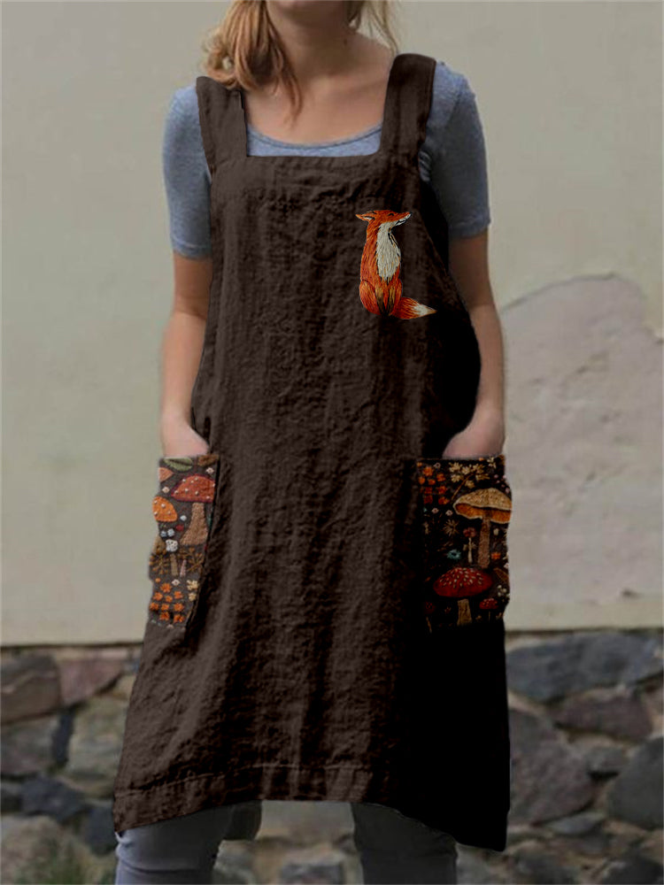 Cute Fox & Floral Mushroom Embroidery Art Cross Back Apron artswardrobe