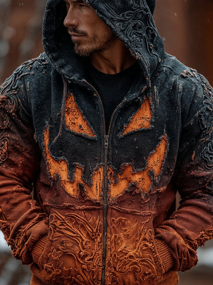 Men's Pumpkin Face Embroidered Cozy Zip Up Hoodie artswardrobe