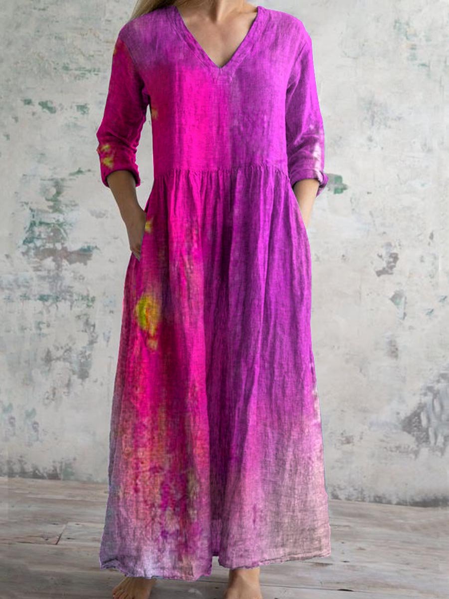 Women's Rainbow Art V-Neck Cotton and Linen Dress With Pockets