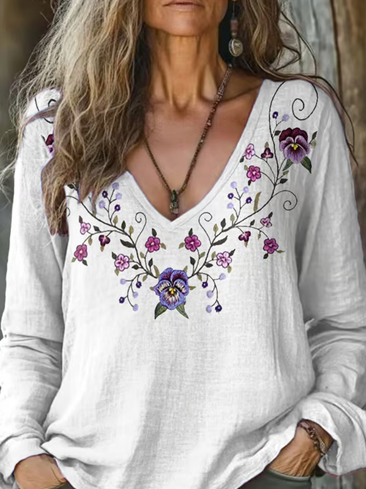 Comstylish Women's Alzheimer's Floral Printed Cotton And Linen Long Sleeve Top