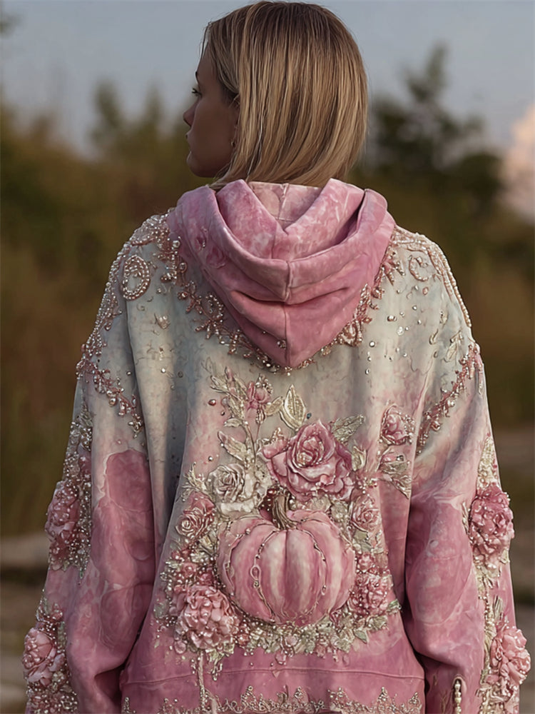 Thanksgiving Pink Pumpkin Floral Glitter Beaded Gradient Hoodie artswardrobe