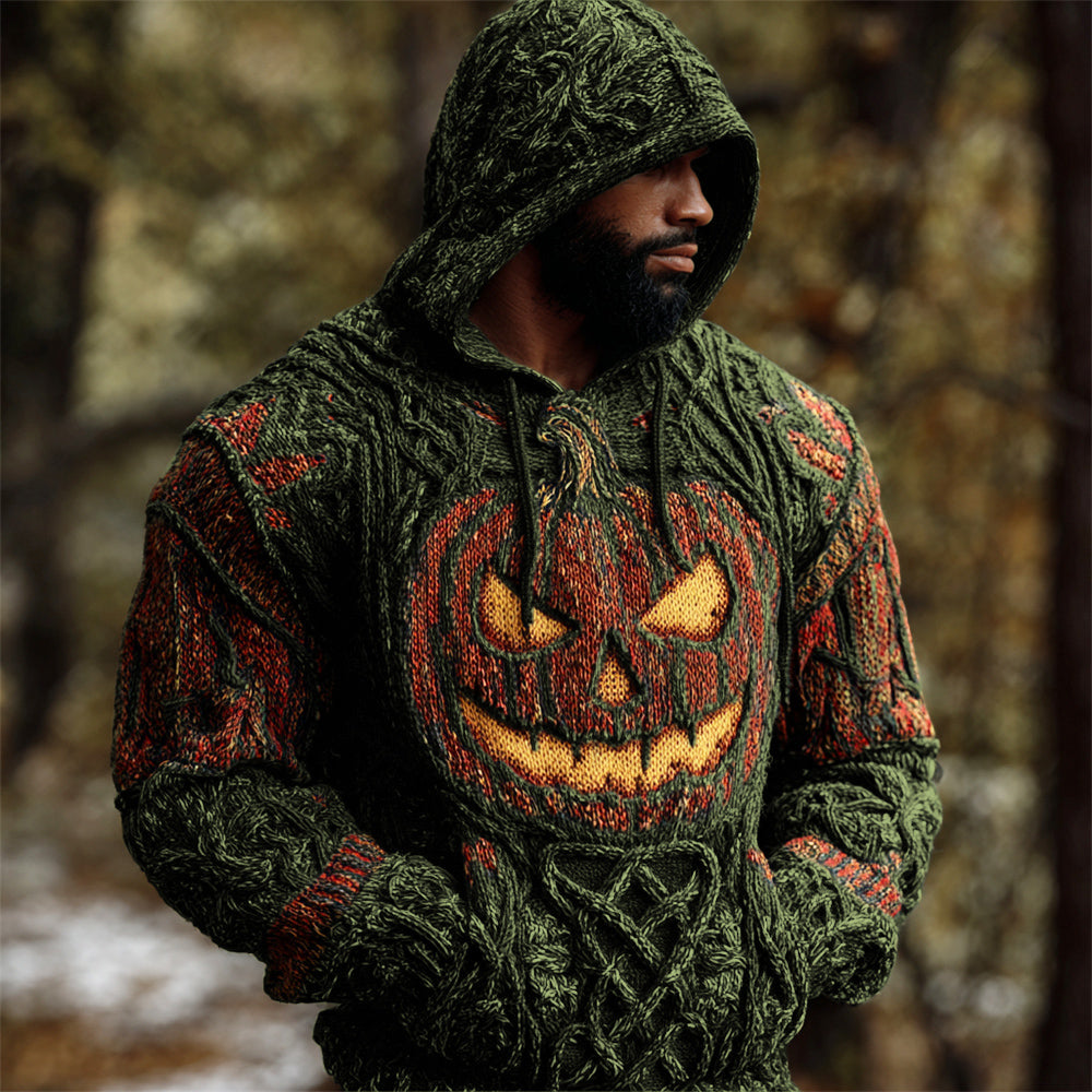 Halloween Pumpkin Lights Men's Chunky Knit Hooded Sweater elevenforest