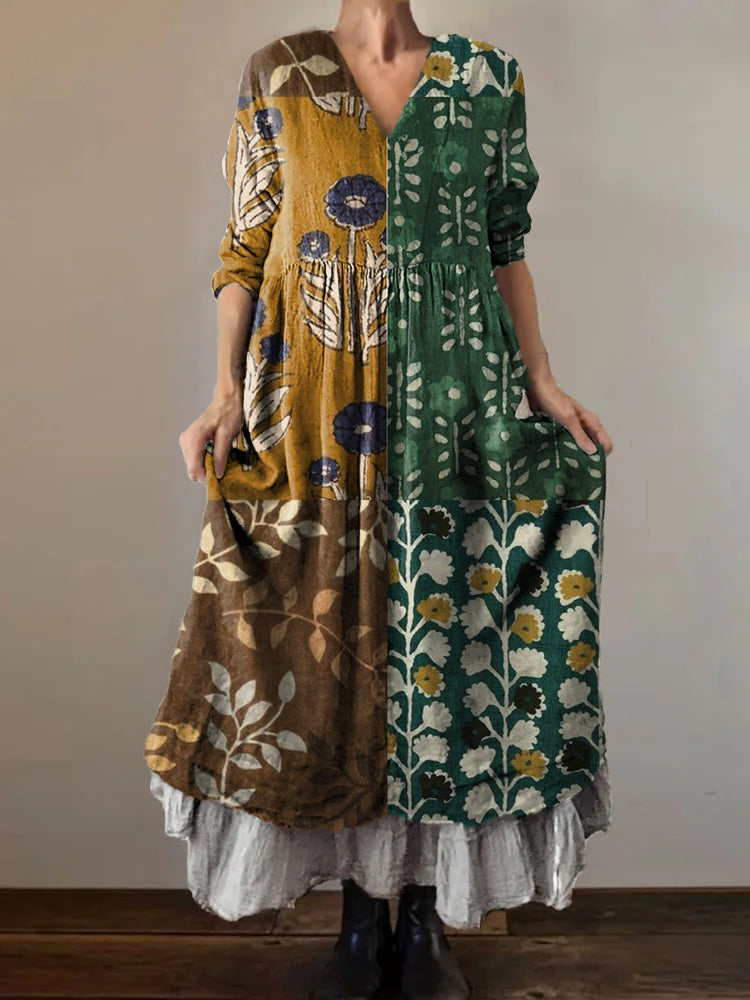 Women's Botanical Floral Colorblocking Pattern Art Print V-Neck Pocket