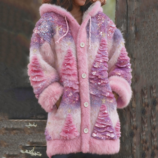 Colorful Sequined Christmas Tree Plush Hooded Cardigan