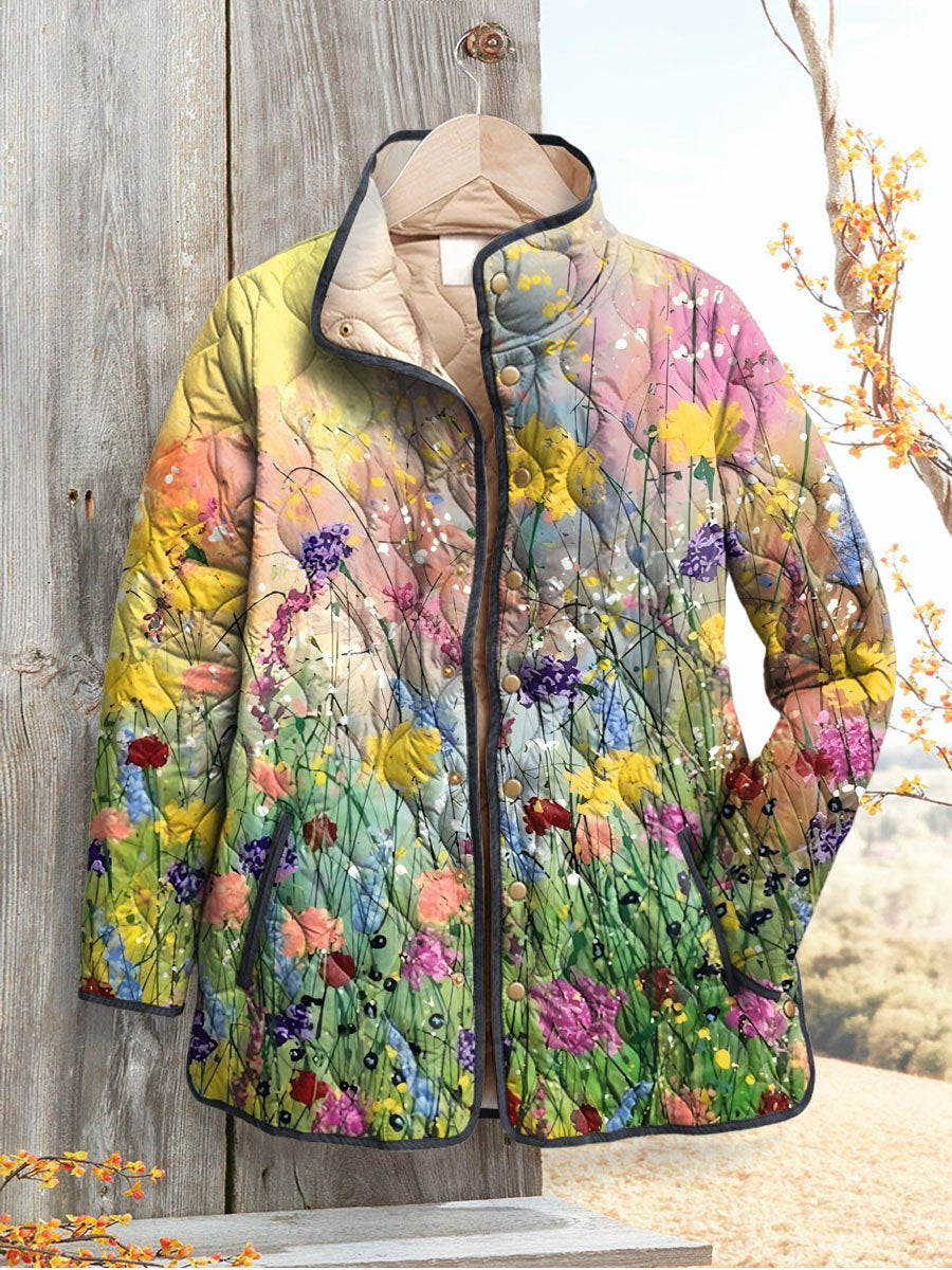 Women's Vintage Lovely Floral Art Print Casual Quilted Cardigan