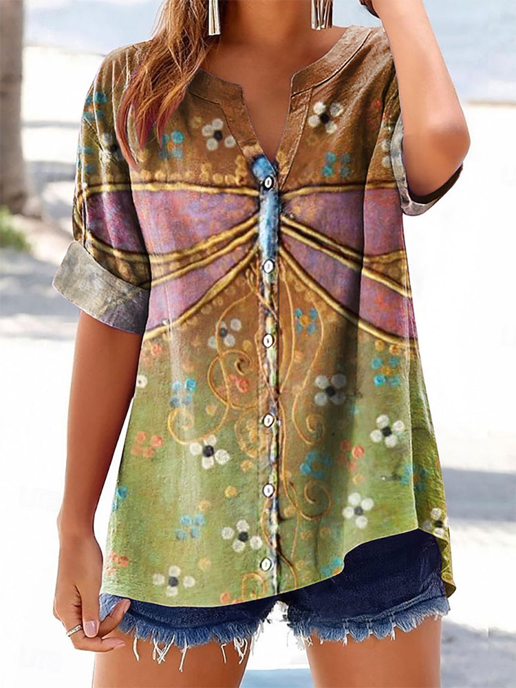 Women's Vintage Dragonfly Art Print Casual Cotton And Linen Shirt