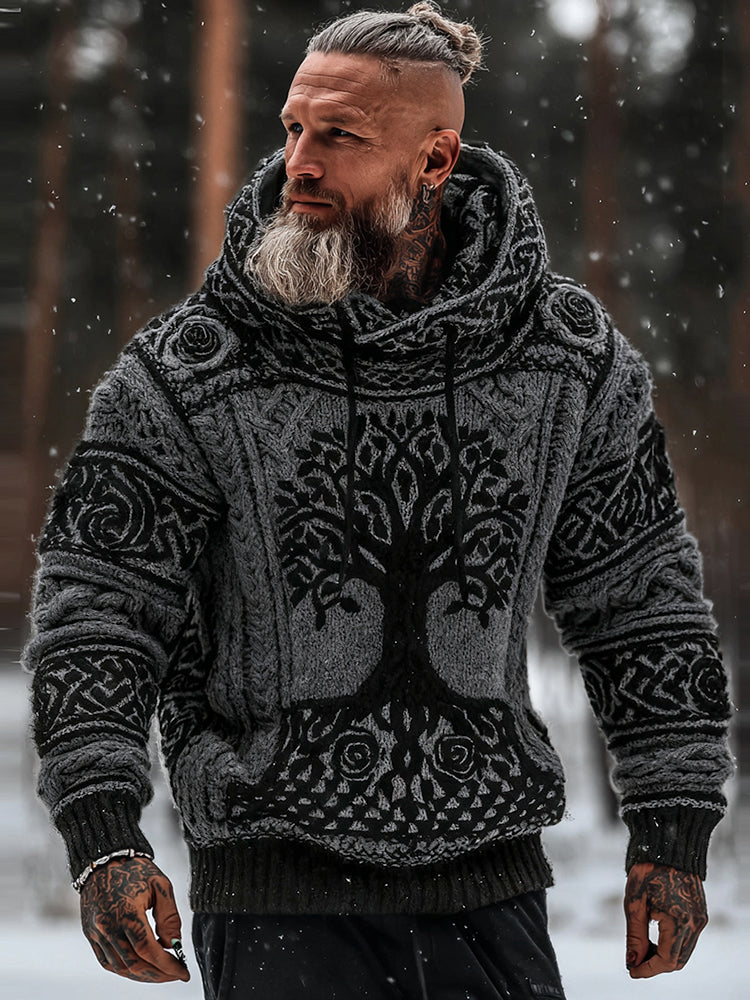 Men's Viking Tribal Jacquard Celtic With Rose And Tree Of Life Inspired Chunky Knit Hooded Sweater elevenforest