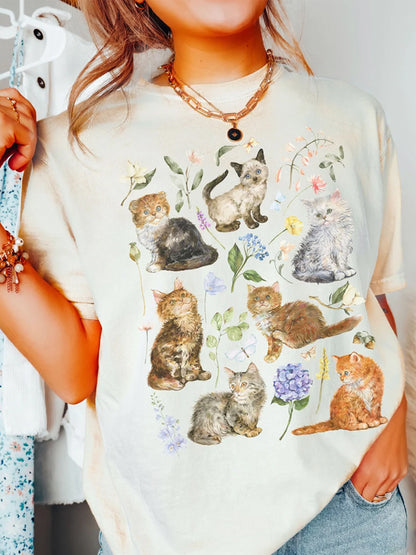 Countryside Cat Embroidery Print T-shirt artswardrobe