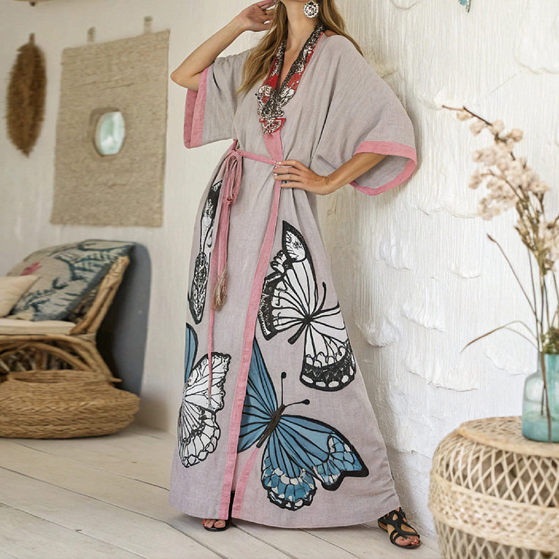 Women's Butterfly Art  Linen V-neck Robe artswardrobe